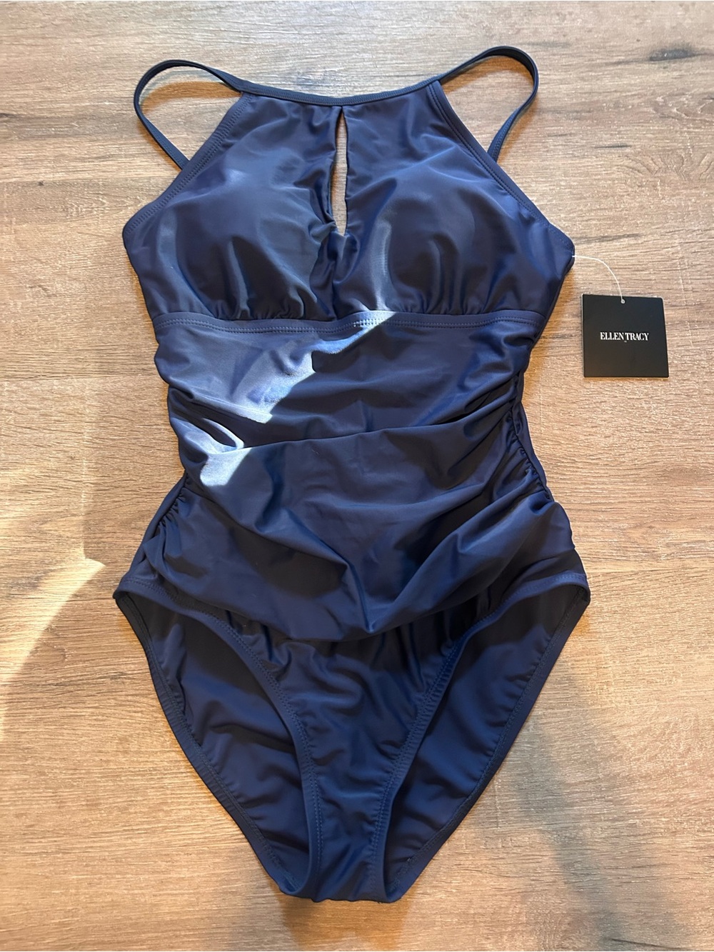 Ellen Tracy One-Piece Swimsuit Womens Size 12 Navy Blue Ruched Halter NWT